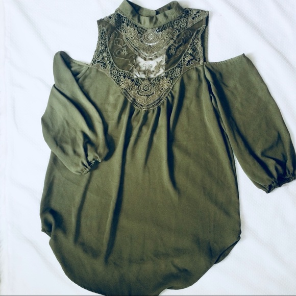 HeartSoul Tops - Heart Soul | Green Cold Shoulder with Lace Top